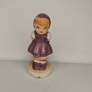 VTG Japan Style Bisque Girl In Purple Dress Figurine Small Round Base 1950s MCM